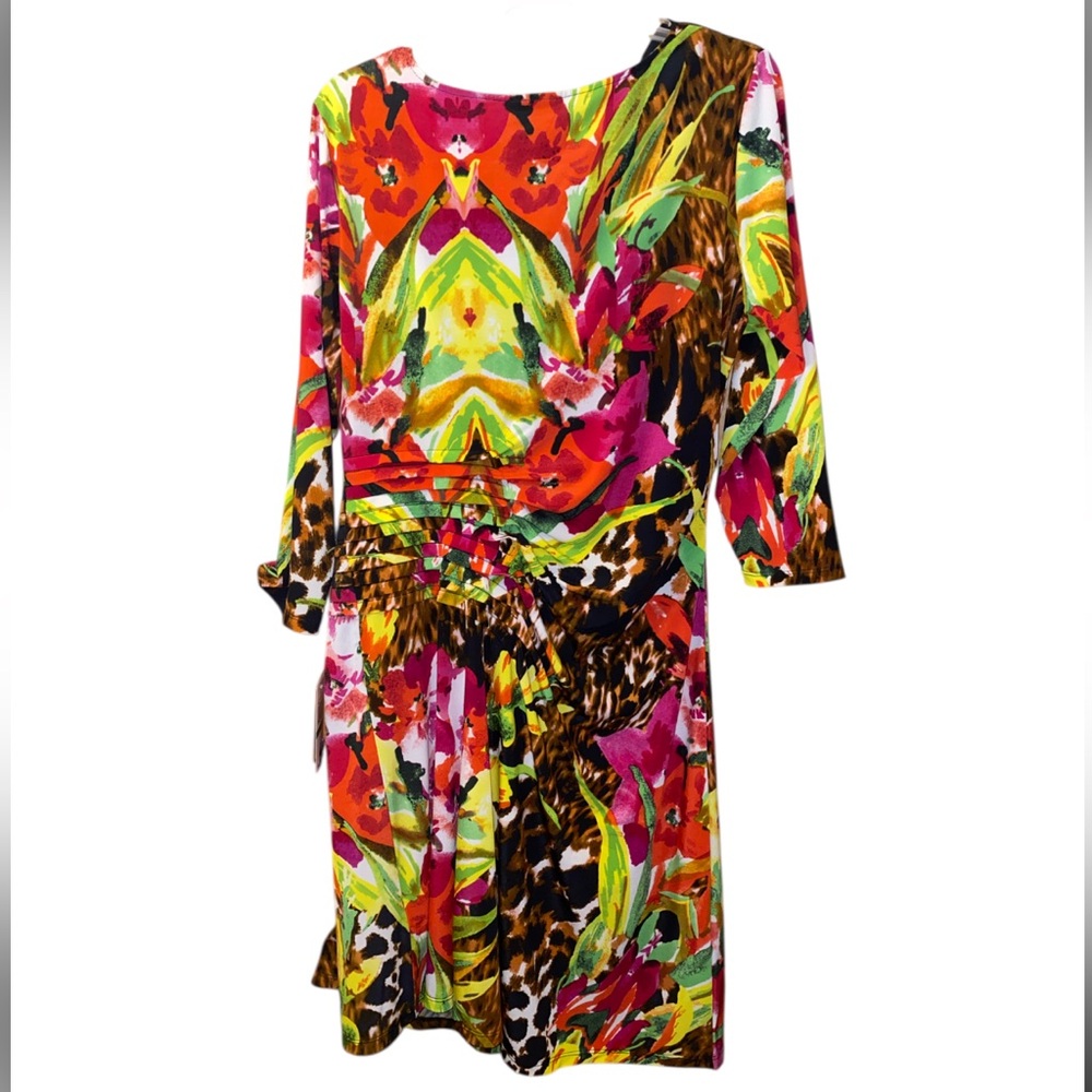NEW! ECI Colorful Floral and Animal Print Faux Wrap Midi Dress NWT - Size L - Picture 3 of 15